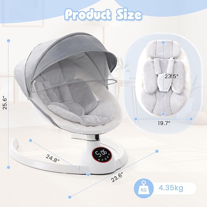 Soobaby Baby Swing for Infants,Electric Swing for Babies,Portable Swing for Baby Boy Girl,Remote Control Indoor Baby Rocker with 5 Sway Speeds,Music and Bluetooth,Bright Gray