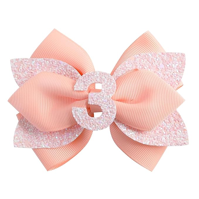 Pink Birthday Hair Bow for Baby Girls - 2Pcs Peach-pink Sprinkle Hair Clips for 3rd Birthday Glitter Baby Bow Party Decorations for Girls Toddlers Hair Accessories