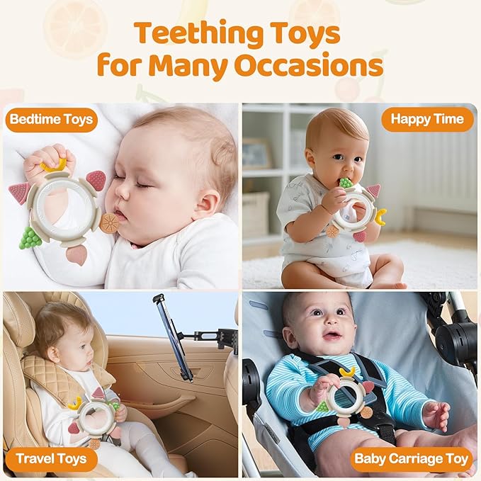 Baby Teething Ring Toy for 3-6-12 Months, Silicone Infant Teether for Sore Gum Relief, Soothing Sensory Chew Toys, Ideal Newborn Gift for Boys Girls Baby Shower, Birthday or Easter, Brown