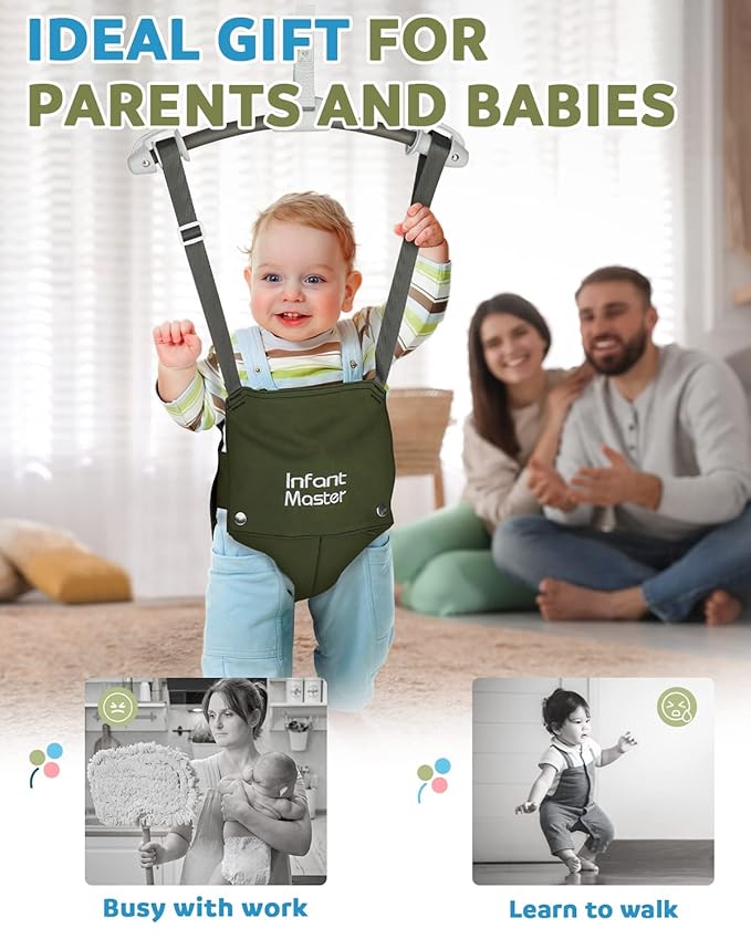 Master Baby Doorway Jumper - Sturdy with Adjustable Strap, Soft Johnny Bouncer Seat, Ideal Gift for Infant, Free Installation, Green