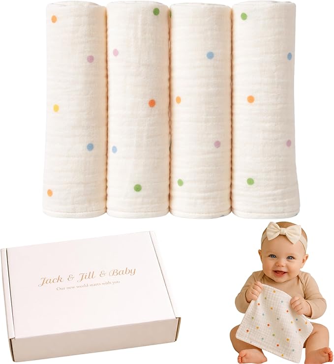 Jack & Jill & Baby Washcloths | 100% Cotton | Ultra-Soft Face Towels for Baby Boys and Girls | Bath Time and Burp Cloth Use | Baby Essentials | Absorbent Cloth Wipes | Pack of 4 (Dreamy Dots)