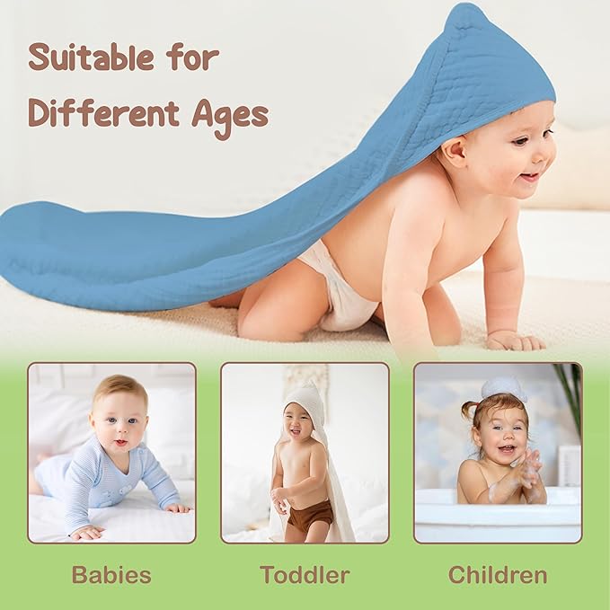 100% Organic Cotton Muslin Baby Hooded Towels 32x32 Inch ā 2 Pack Soft & Absorbent Baby Towels with Hood for Boys & Girls, Premium Hooded Towels, Gentle Baby Essentials in Deep Blue/Aquarius