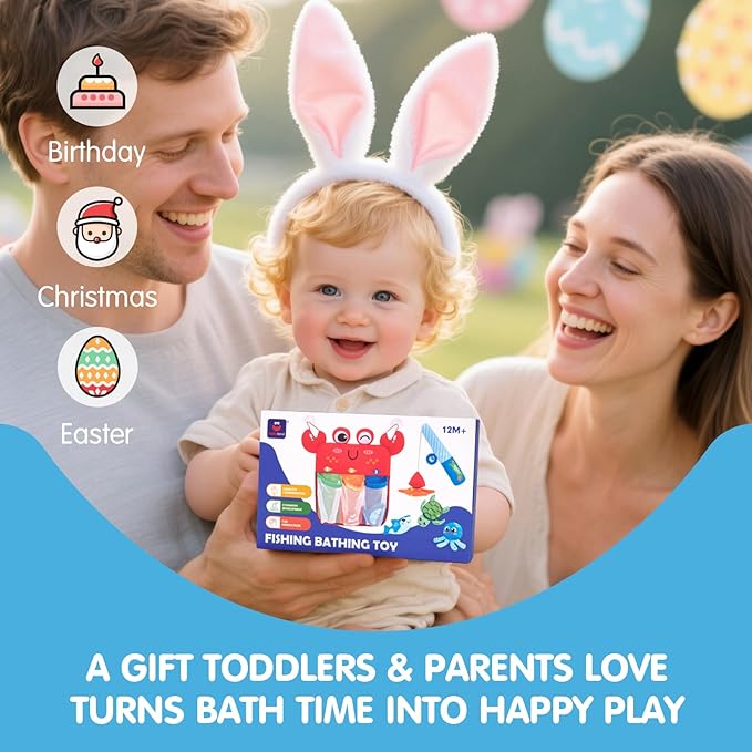hahaland Bath Toys for Kids Ages 1-3 - Soft Magnetic Fishing Toys with Color Sorting Mesh, Mold Free Bathtub Shower Water Toy Toddler Educational Learning Bath Toys for 1 Year Old Boy Girl Gifts