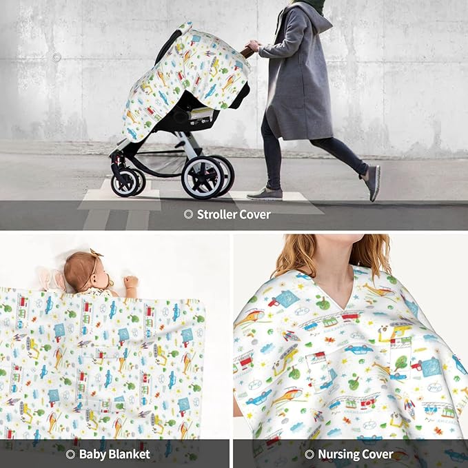 Personalized Trucks and Planes Baby Infant Car Seats Canopy for Babies with Name, Vehicle Theme Lightweight Covers for Baby Boys Girls, Minky Nursing Breastfeeding Stroller Cover for Newborn