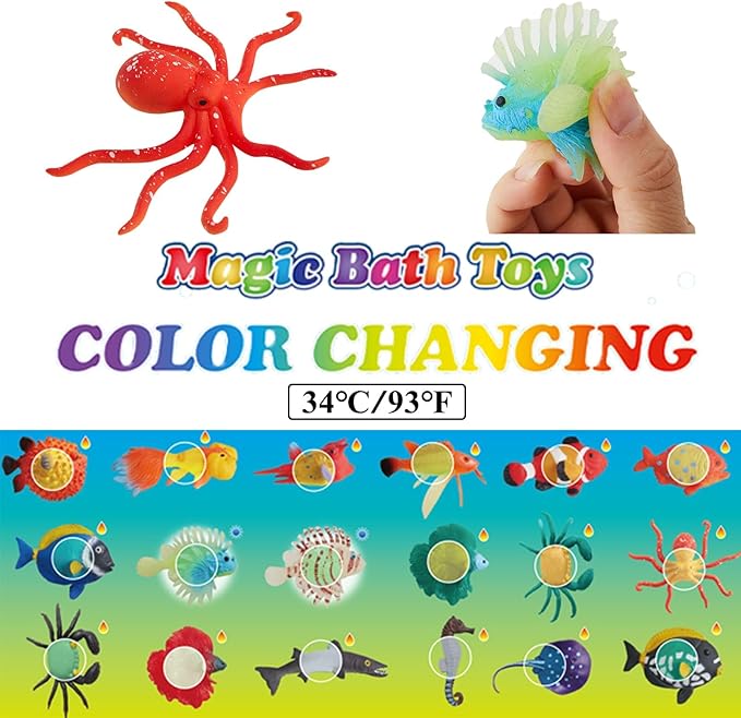 Color Changing Water Table Toys, Mold Free Bath Toys, Squishy Mini Fish Sea Animals Toys for Kids, for Pool, Bathroom, Ocean Party Decorations, Class Rewards, Christmas,Easter