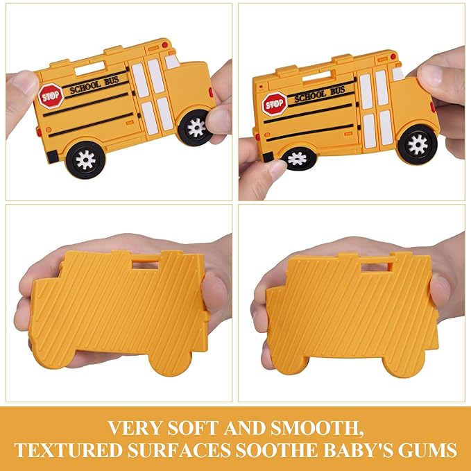 Car Series Baby Teething Toys,Food Grade Silicone Chew Teether for 3 Months+ Infant Boy and Girl,Toddler Sensory Chewing Teether,BPA Free. (School Bus,Yellow)