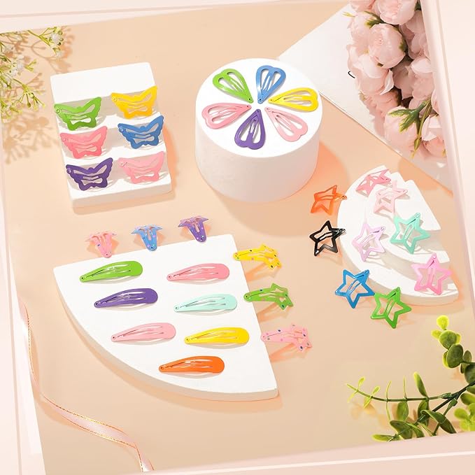 obeoby 82 Pcs Colorful Hair Clips for Girls, 5 Shapes Cute Metal Snap Hair Clips Heart Star Butterfly Barrettes for Kids Baby Toddlers Accessories Daughter Birthday Gifts Graduation