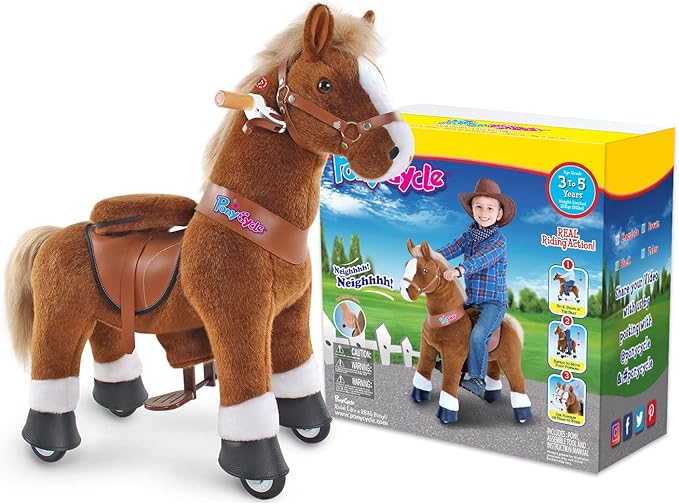 PonyCycle Riding Horse Toy with Brake, Sound Mechanical Pony Classic Model U Brown Giddy up Pony Plush Walking Animal Size 3 for Age 3-4 Years - Ux324