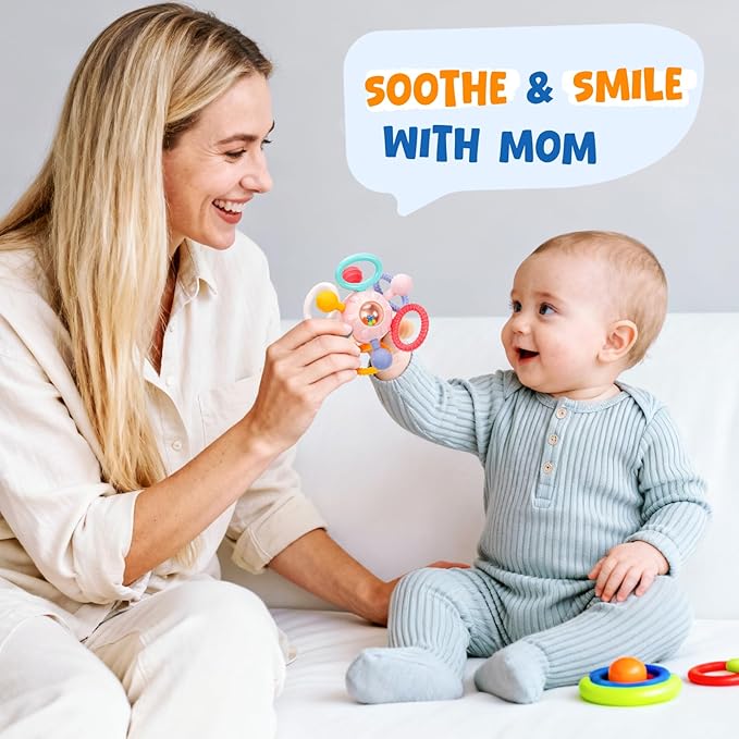 Easter Baby Teething Toys for 0-6 6-12 Months, BPA Free Food Grade Silicone Teether, Infant Sensory Chew Rattles Toys, Perfect Baby Easter Basket Stuffers & Easter Gifts, Light Pink