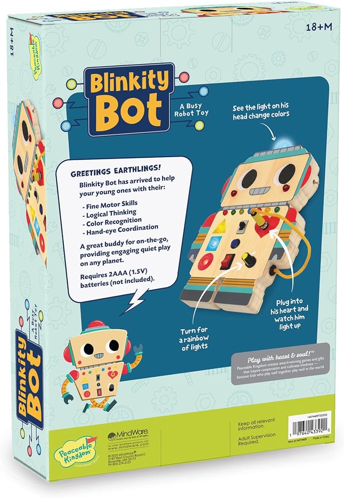 Peaceable Kingdom Blinkity Bot Light Up Busy Board for Toddlers Montessori Wooden Toy
