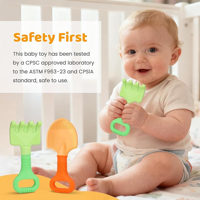 Baby Teething Toys, Baby Teether Toys Shovel & Rake Silicone Teethers for Babies 0-6 Months 6-12 Months, Multi-Texture Gum Massage Teething Relief Easy Grip for Infants Newborn Toddler, 2 Pack