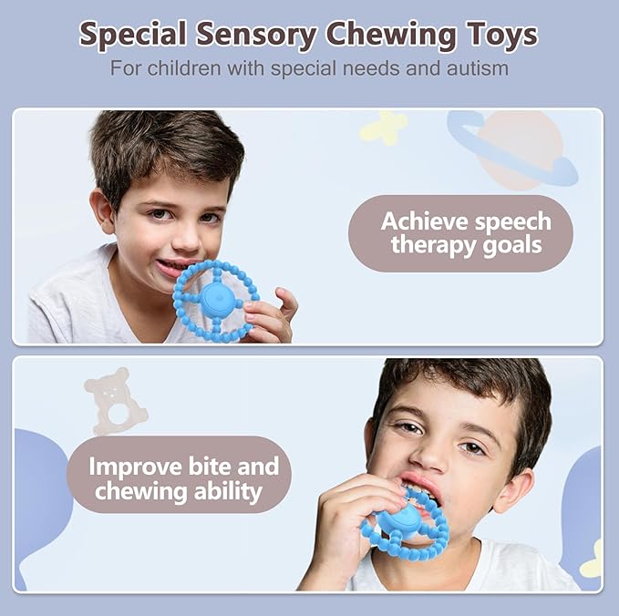 Vibrating Sensory Chew Toy, Teether Teething Toys for Babies6-12 8-18 Months, Sensory Toys for Kids with Autism&Toddler Travel Essential,1-2 Year Old Christmas Boys Girls Gifts idea(Blue)