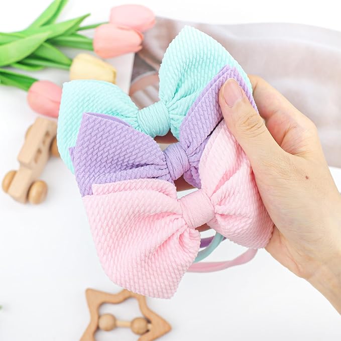 3PCS 4.5’’ Hair Bows for Baby Girls Newborn Infant Toddler Headbands Light Blue & Purple & Pink Bow of Hair Accessories Soft Girl Head Wraps