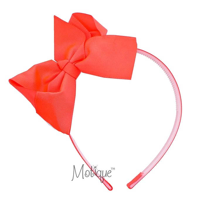 Motique Accessories Neon Headband With Side Grosgrain Bow- Neon Orange