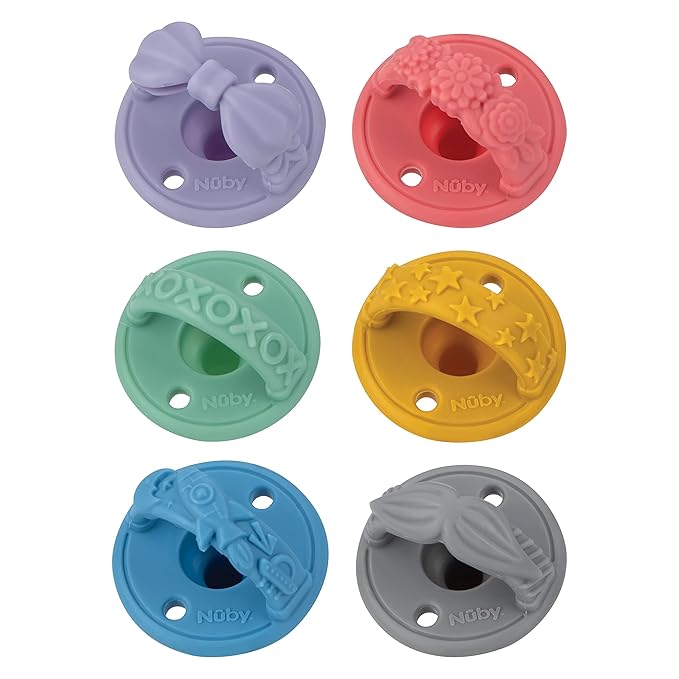 Nuby 3-D Sili Soother Pacifiers with Soft Handle and Two Safety Air Holes, 2 Pack, 0+ Months, Blue Spaceship and Gray Mustache