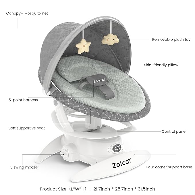 3-in-1 Baby Swing for Infants, Infant Swing with 5 Speeds & 3 Swing Modes, 12 Lullabies, Electric Swing for Baby, Indoor & Outdoor Use, Up to 25 lbs, Gray