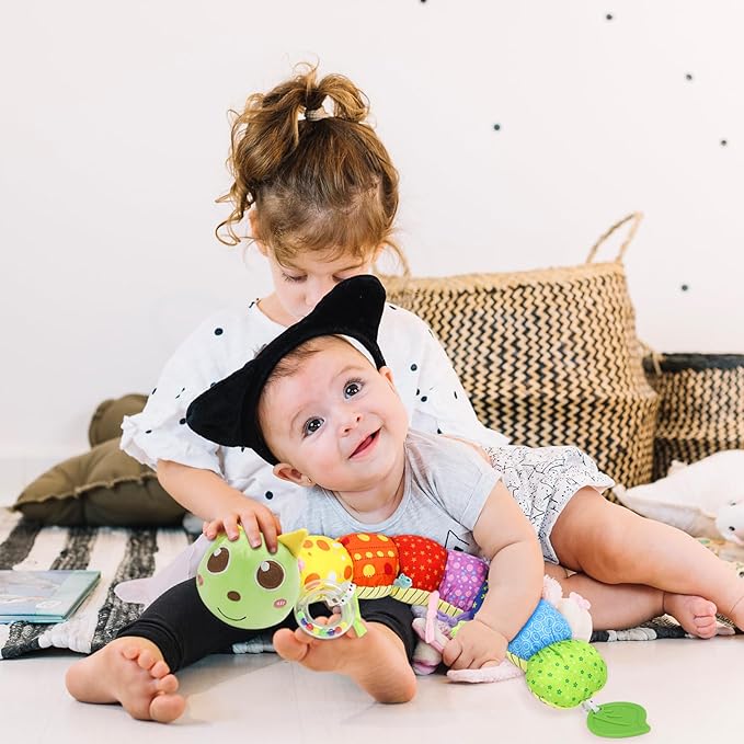 Baby Sensory Toy 0-12 Month with Mirror Crinkle Rattle, Infant Stuffed Plush Caterpillar Toy, Birthday Holiday Present for Newborn Boy Girl 0/3/4/6/7/8/9/12/18 Months Kids Toddler (Green Caterpillar)