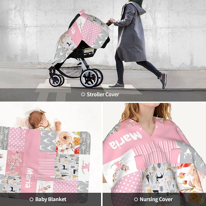 Personalized Baby Car Seat Canopy for Babies with Name, Custom Car Seat Covers for Girls, Infant Opening Minky Nursing Breastfeeding Stroller Cover Carseat Canopies for Newborn (Floral Deer Pink)