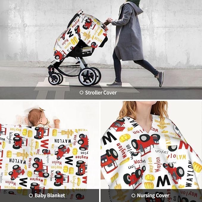 Personalized Red Tractor Baby Car Seat Cover for Boys, Custom Strollers Carseat Canopy with Name, Nursing Covers for Breastfeeding, Multiuse Car Seat Canopies for Newborn Infant