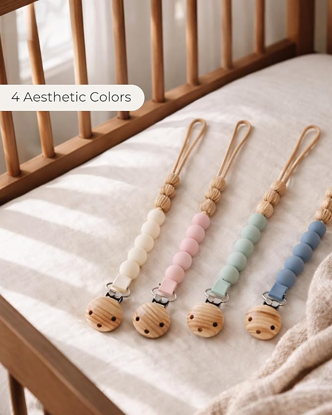 Hippypotamus Pacifier Clips - One Piece All Silicone Holder for Baby’s Binky & Teething Toys - No String Or Loose Beads - Set of 4 (Sand/Rose/Sage/Stone)