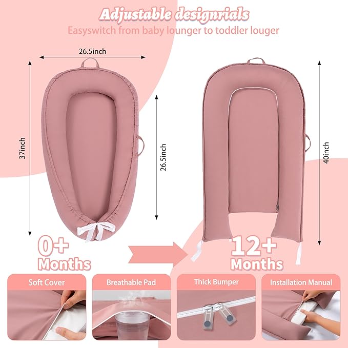 Alened Baby Lounger for Newborn 0-12 Months, Portable Infant Lounge on Floor for Supervised Tummy Time, Babies Support Pad with Breathable Cotton for New Born Awake Use Only - Pink