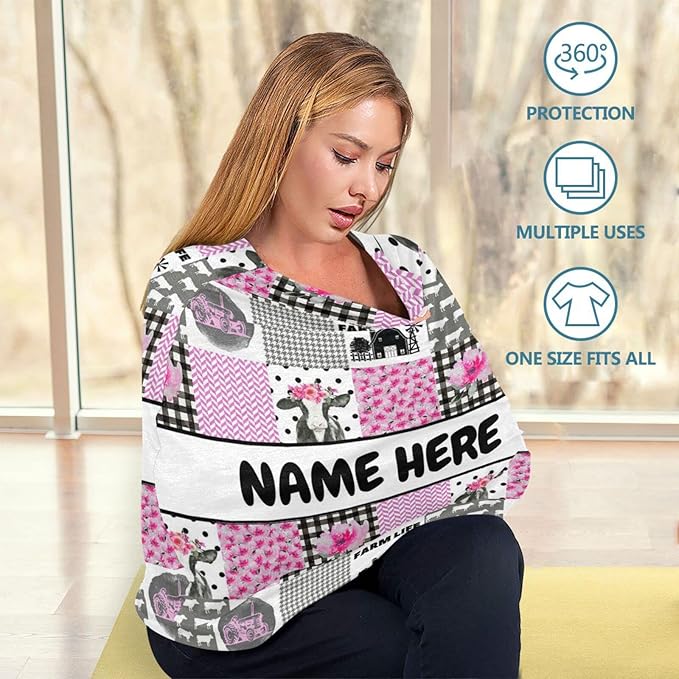 Personalized Cute Cow Pink Baby Car Seat Cover for Babies with Name, Custom Farm Theme Baby Car Seats Canopy for Girls, Nursing Breastfeeding Stroller Covers Infant Car Seat Blanket for Newborn
