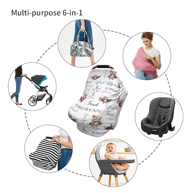 Personalized Baby Car Seat Covers for Babies, Custom Bear Nursing Breastfeeding Carseat Canopy with Name, Infant Stroller Covers for Newborn Girls Boys, Breathable Carseat Cover