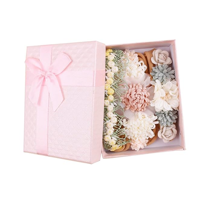 Baby Girl Flower Headbands and Bows, Stretchy Soft Nylon Floral Crown, 3pcs Handmade Hair Accessories for Newborn Infant Toddler