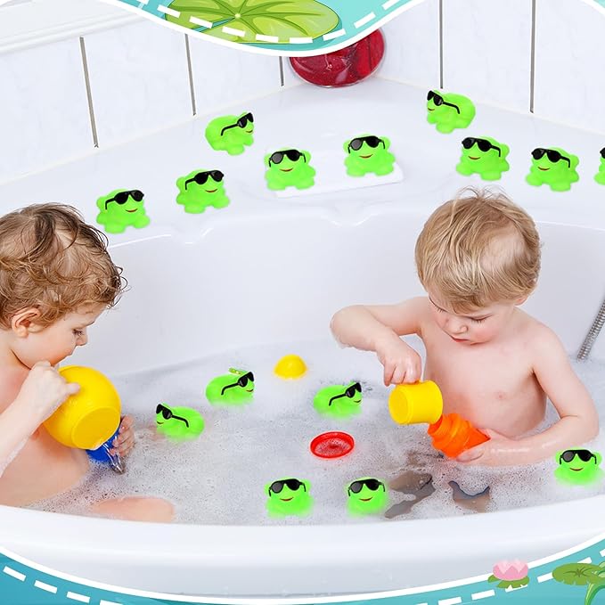 Halloscume 24 Pack Rubber Frogs Squeak and Floating Mini Glow in The Dark Frogs with Glasses Cute Swimming Bathtub Toy for Spring Party Favor