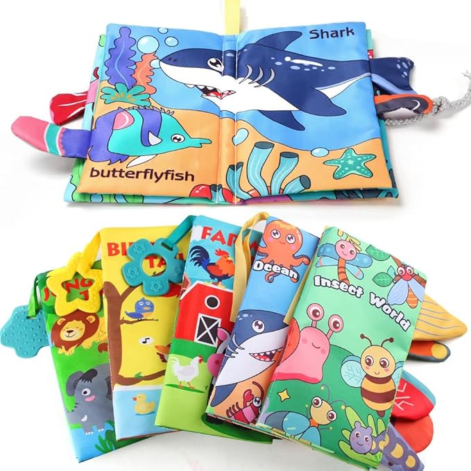 Baby Cloth Book Toys with Tails, Stroller Soft Toys for Infant Baby 0-18 Months (Marine Animals)