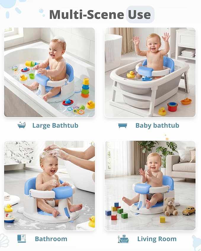 ONTHEWEI Baby Bath Seats for Babies Sitting Up, Non-Slip Baby Bathtub with 3 Suction Cups, Safe & Comfortable Toddler Bath Seat Ideal for Baby Bath/Shower Support, Stable Design, Grey (6-24 Months)