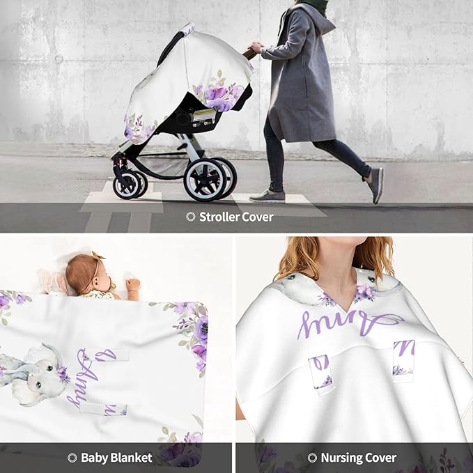 Personalized Baby Car Seat Canopy for Babies with Name, Custom Elephant Purple Stroller Car Seat Covers for Girls, Minky Nursing Carseat Cover for Breastfeeding, Car Seat Canopies for Newborn