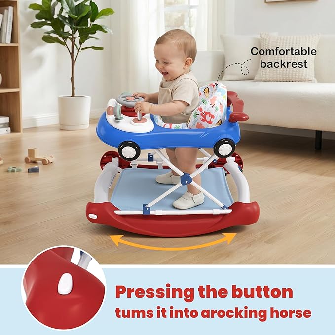 5-in-1 Convertible Baby Walker with Steering Wheel Music Activity Center – Infant Rocker, Jumper, Push Walker, Bouncer & Feeding Foldable Walker for Ages 6-18 Months Boys Girls (Red Blue)