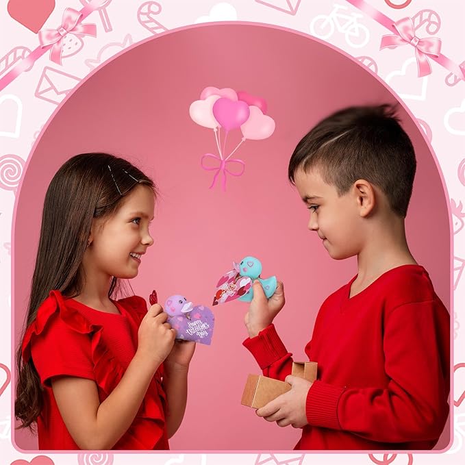 Jerify 48 Pcs 2 Inch Valentines Rubber Ducks Bulk with Gift Cards Mini Heart Rubber Duckies Bath Toys Valentine's Day Gift for Kids Classroom Favors Prizes Exchange (Macarons)