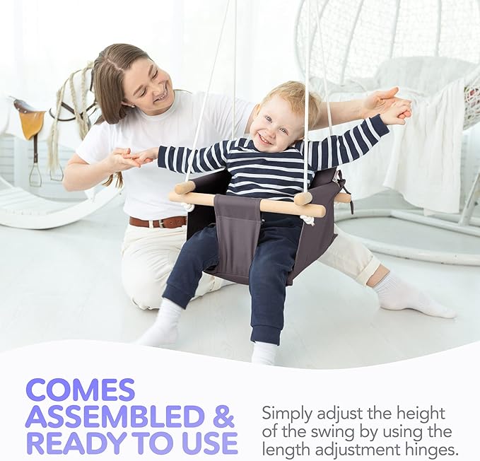 CaTeam - Canvas Baby Swing, Wooden Hanging Swing Seat Chair with Safety Belt, Durable Baby Swing Chair, Outdoor and Indoor Swing for Kids, Mounting Hardware Included, Dark Gray