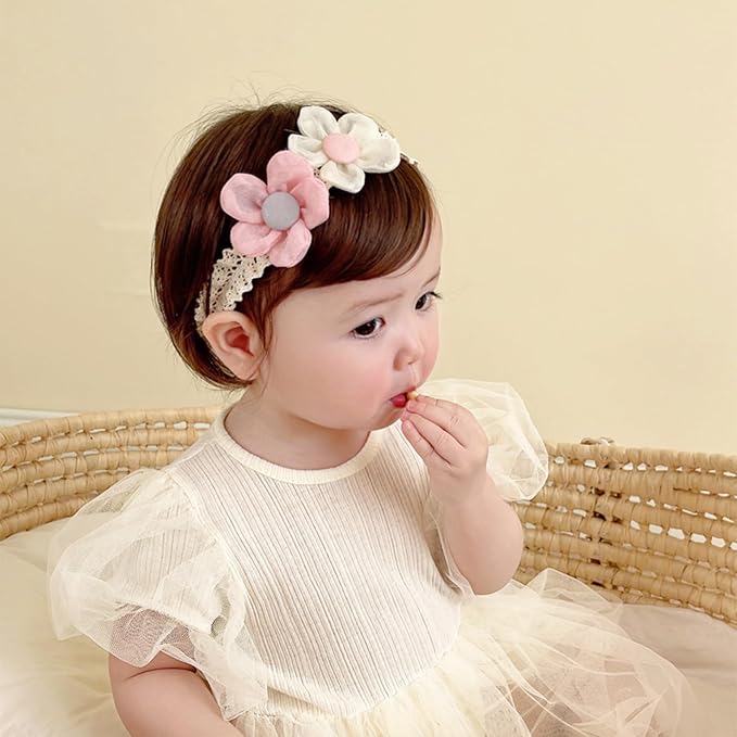 Baby Girls Hairbands Lace Flowers Headband Handmade Soft Stretchy Colorful Flower Hairband Newborn Headbands with Pearls Elastic Hairbands for Infant Head Band (Pink and White Flowers)