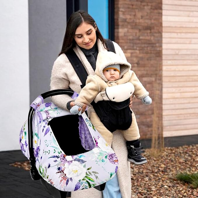 Infant Car Seat Insert & Car Seat Covers for Babies, Purple Baby Car Seat Head Support, Warm Infant Car Seat Cover, Windproof, Floral