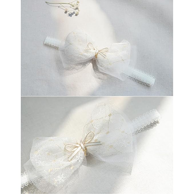 Baby Girls Bow Lace Headband Cute Soft Hairband White Butterfly Knot Headbands for Newborn Infants Toddlers Kids Christening Baptism Birthday Party Hair Accessories(Beige C)