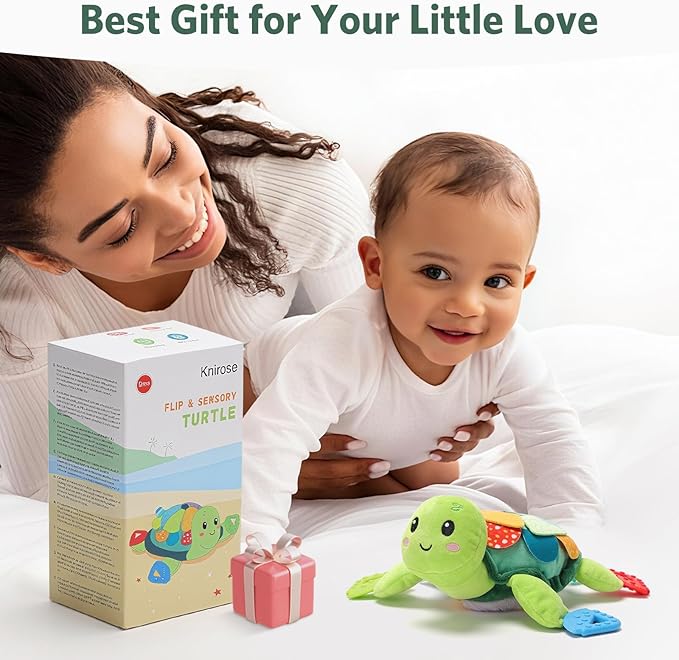 Turtle Baby Sensory Toy, 6 in 1 Montessori Tummy Time Texture Toys, Flip Scales & Multi-Textured Belly & Rattle Squeaker Teethers, Early Educational Shower Gifts for Baby Boy Girl Birthday Gifts