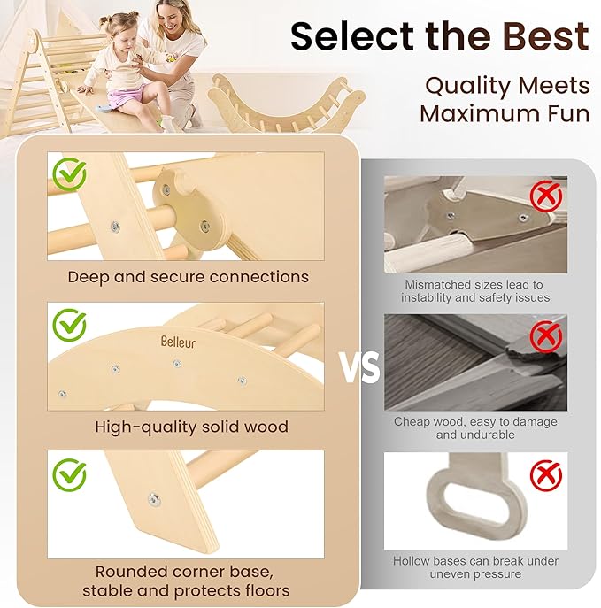 Belleur 7-in-1 Climbing Toys for Toddlers 1-3 Years Old, Foldable Wooden Pikler Triangle Set Indoor, Montessori Climbing Set with Arch, Ramp & Ladder - Natural