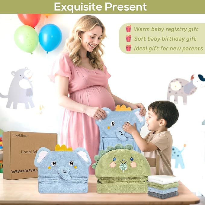6 PCS Toddler Bath Towel Set for Boy Girl 0-5 Year, 2 PCS Thick Absorbent Hooded Baby Bath Towels Large 55" x 27.5" & 4 PCS Washcloths, Ultra Soft Gifts for Infant, Toddler, Kids, Dinosaur & Elephant