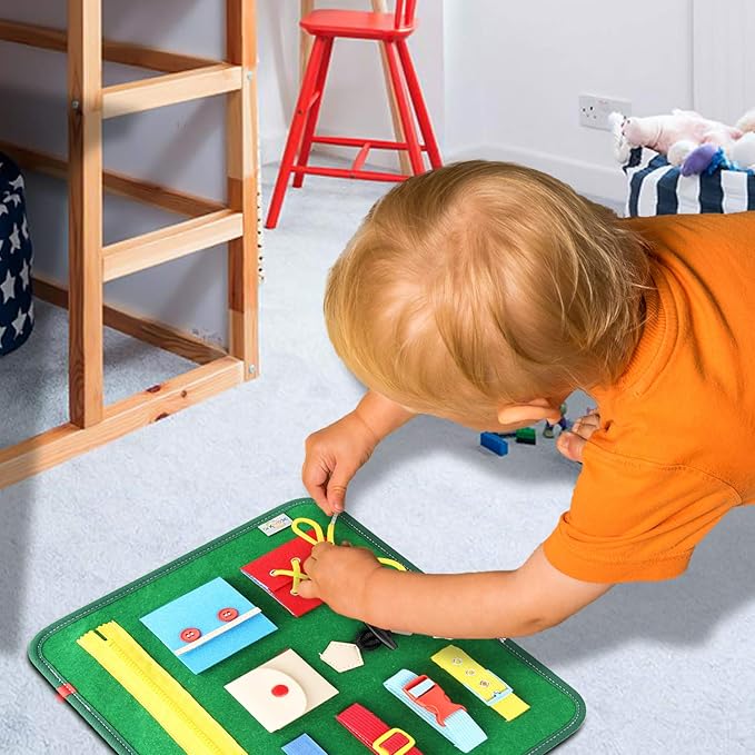 Toddler Busy Board | Colorful Activity Sensory Play Set to Stimulate Motor Skills, Learning & Fun | Educational Tool for Hand Eye Coordination & Basic Dressing Skills | School Bus Back | Travel Size