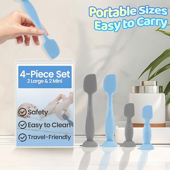 4-Pack Diaper Cream Spatula – Soft-Flex Silicone Butt Spatula for Babies, 2 Large & 2 Mini with Travel Case, Gentle Yet Firm Tip for Smooth, Even Diaper Rash Cream Application, Newborn Baby Essential