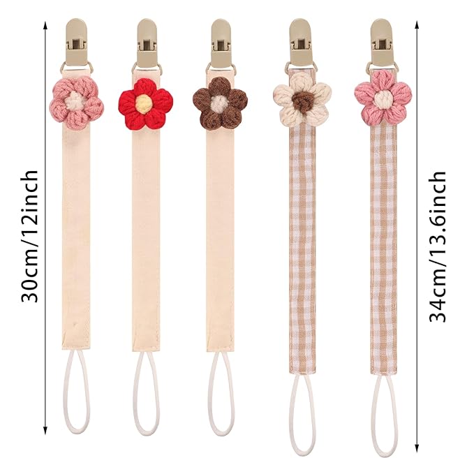 Baby's Breath 5 Pack Pacifier Clips with Adjustable Strap (14.5-18.3 in) - Handmade Boho Style Flower Design, Soft Textile Baby Holder Set for Girls, Neutral Colors for Any Outfit