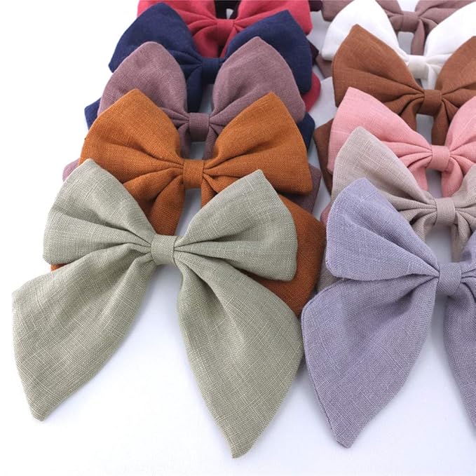 Original Linen Bow Hair Clips Girls Women Large Sailor Bows Baby and Mom Hair Alligator Clips White Navy Neutral Bow