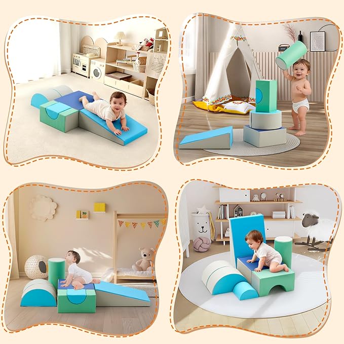 Toddler Climbing Toys Indoor, 5-Piece Foam Baby Climbing Blocks, Soft Play Climbing Set for 1-3 Years Old, Modular Crawling & Sliding Equipment, Waterproof Easy to Clean (Green)