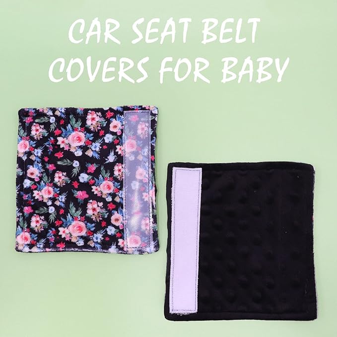 Baby Car Seat Belt Covers for Boys and Girls, Car Seat Straps Shoulder Pads, Soft Car Seat Neck Cover, Mink Seat Belt Protectors for Car Seats, Floral Stroller Strap Cover for Baby Kids