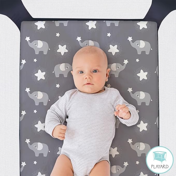 The Peanutshell Mini Crib Fitted Sheets Set, Playard, Pack Play Sheets, Playpen, Elephant Stars