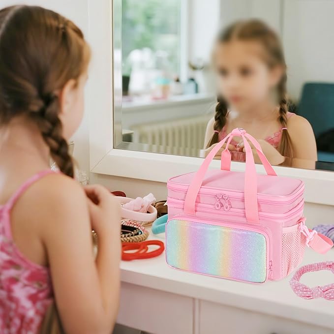 GRAOSO Hair Bow Organizer for Baby Girls, Double Layer Hair Accessories Storage Bag, Rainbow Sequins Design, with Handle and Detachable Shoulder Strap (Case only) (Pink)
