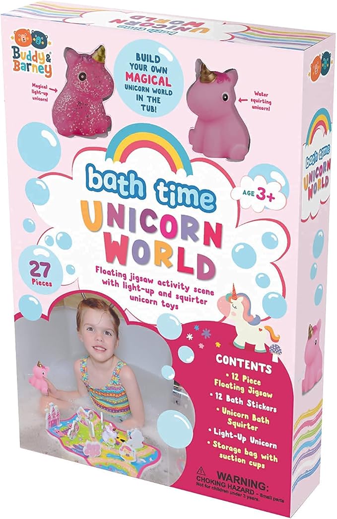 Buddy and Barney Bath Unicorn World Activity Set | Light up Floating Bath Toys for Toddlers | Set of 12 Floating Jigsaw Puzzle, 12 Foam Bath Stickers and Unicorn Water Squirter with Mesh Storage Bag